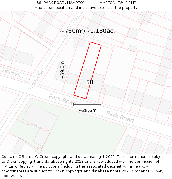 58, PARK ROAD, HAMPTON HILL, HAMPTON, TW12 1HP: Plot and title map