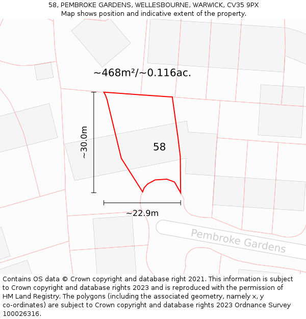 58, PEMBROKE GARDENS, WELLESBOURNE, WARWICK, CV35 9PX: Plot and title map