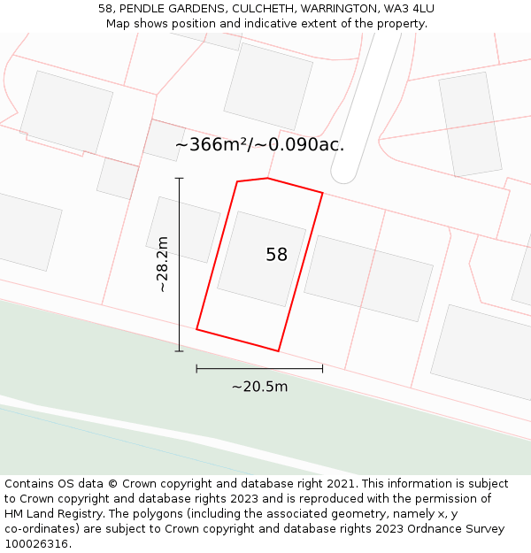 58, PENDLE GARDENS, CULCHETH, WARRINGTON, WA3 4LU: Plot and title map
