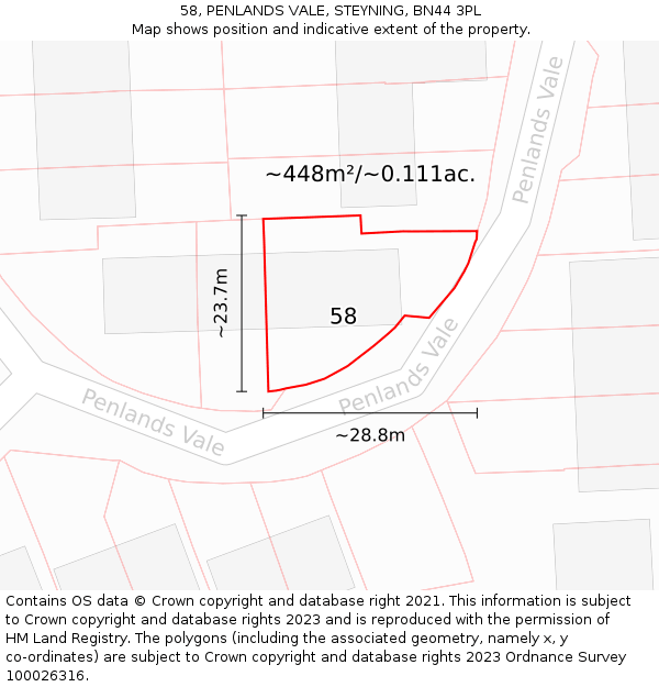 58, PENLANDS VALE, STEYNING, BN44 3PL: Plot and title map