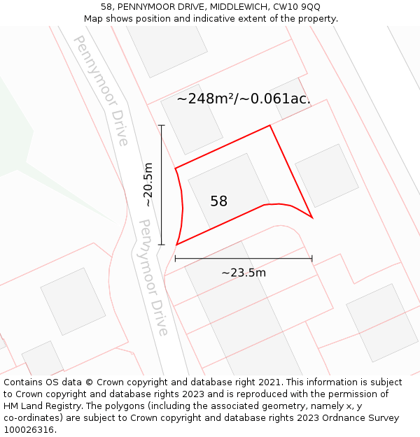 58, PENNYMOOR DRIVE, MIDDLEWICH, CW10 9QQ: Plot and title map