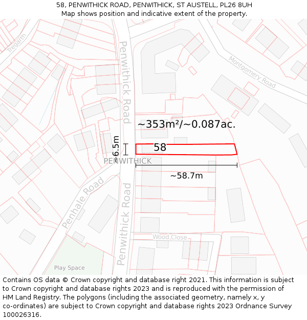58, PENWITHICK ROAD, PENWITHICK, ST AUSTELL, PL26 8UH: Plot and title map
