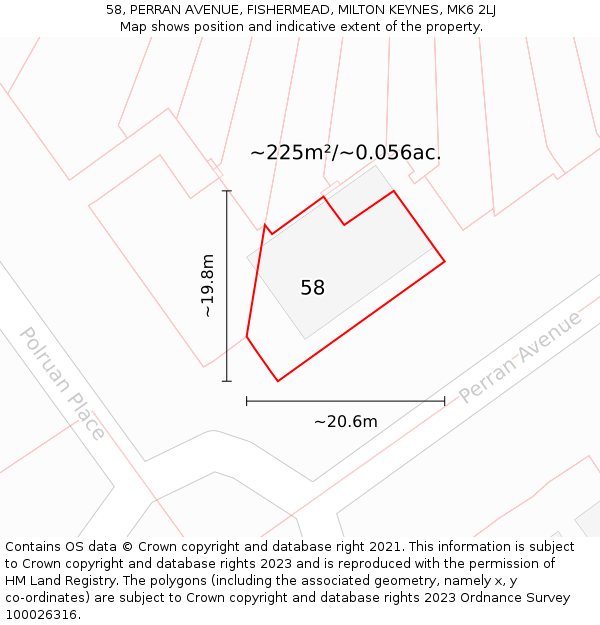 58, PERRAN AVENUE, FISHERMEAD, MILTON KEYNES, MK6 2LJ: Plot and title map