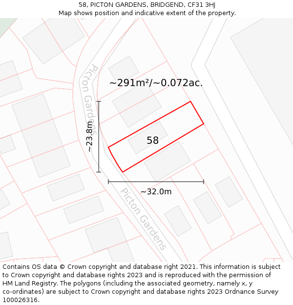 58, PICTON GARDENS, BRIDGEND, CF31 3HJ: Plot and title map