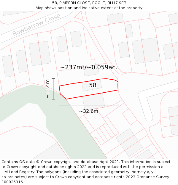 58, PIMPERN CLOSE, POOLE, BH17 9EB: Plot and title map