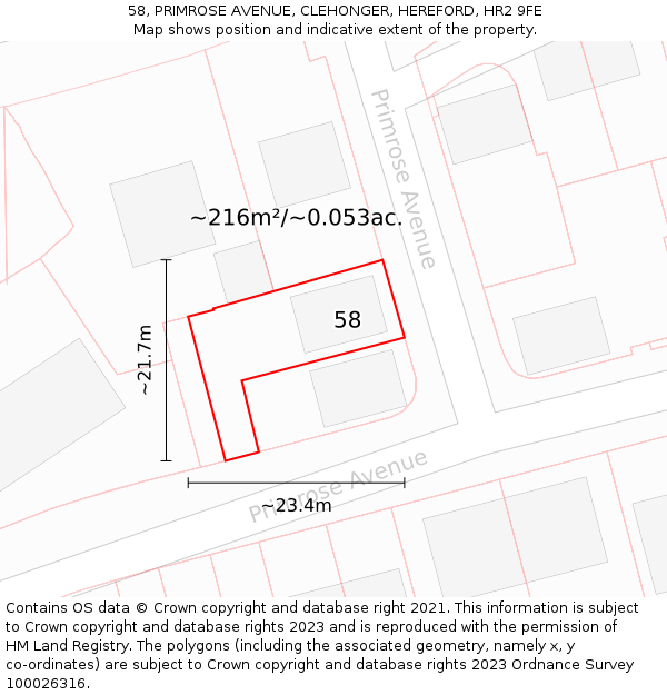 58, PRIMROSE AVENUE, CLEHONGER, HEREFORD, HR2 9FE: Plot and title map