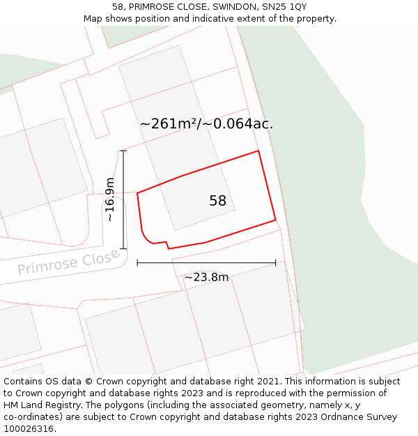 58, PRIMROSE CLOSE, SWINDON, SN25 1QY: Plot and title map