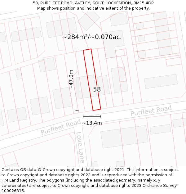 58, PURFLEET ROAD, AVELEY, SOUTH OCKENDON, RM15 4DP: Plot and title map