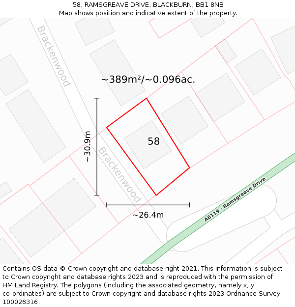 58, RAMSGREAVE DRIVE, BLACKBURN, BB1 8NB: Plot and title map