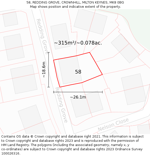 58, REDDING GROVE, CROWNHILL, MILTON KEYNES, MK8 0BG: Plot and title map