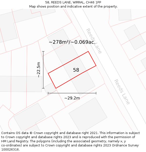 58, REEDS LANE, WIRRAL, CH46 1PP: Plot and title map