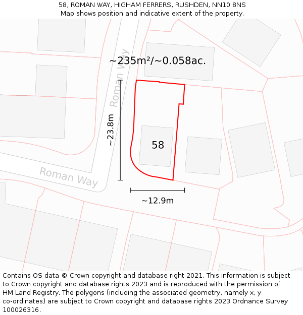 58, ROMAN WAY, HIGHAM FERRERS, RUSHDEN, NN10 8NS: Plot and title map