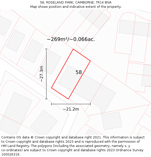 58, ROSELAND PARK, CAMBORNE, TR14 8NA: Plot and title map