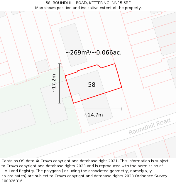 58, ROUNDHILL ROAD, KETTERING, NN15 6BE: Plot and title map