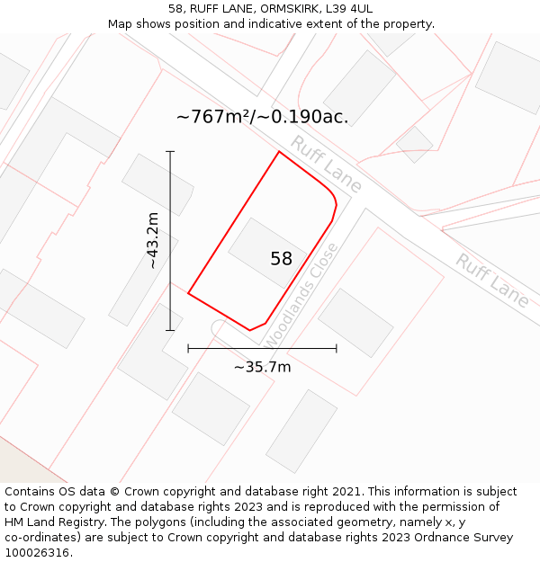 58, RUFF LANE, ORMSKIRK, L39 4UL: Plot and title map