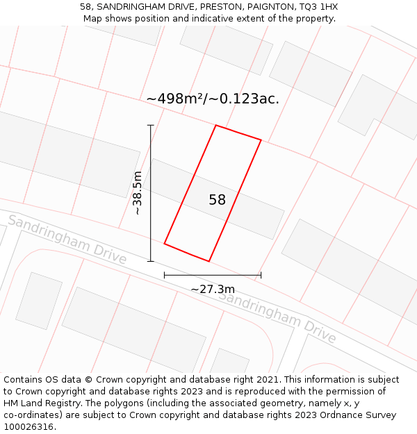 58, SANDRINGHAM DRIVE, PRESTON, PAIGNTON, TQ3 1HX: Plot and title map