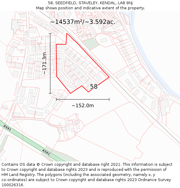 58, SEEDFIELD, STAVELEY, KENDAL, LA8 9NJ: Plot and title map