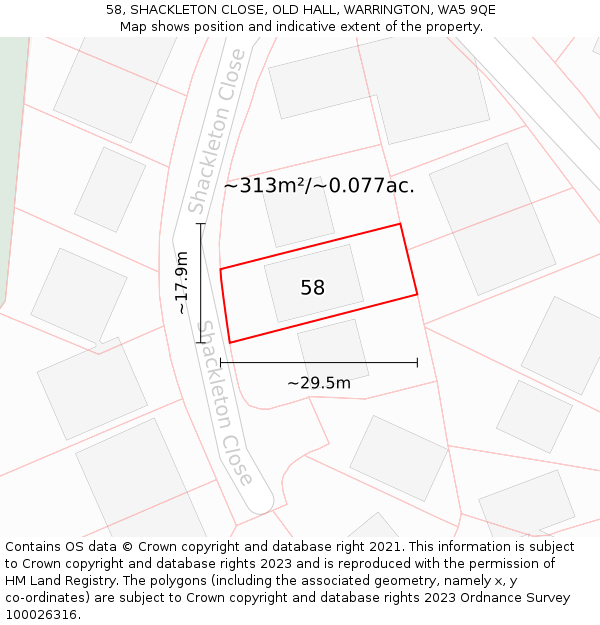 58, SHACKLETON CLOSE, OLD HALL, WARRINGTON, WA5 9QE: Plot and title map