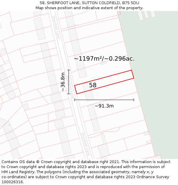 58, SHERIFOOT LANE, SUTTON COLDFIELD, B75 5DU: Plot and title map