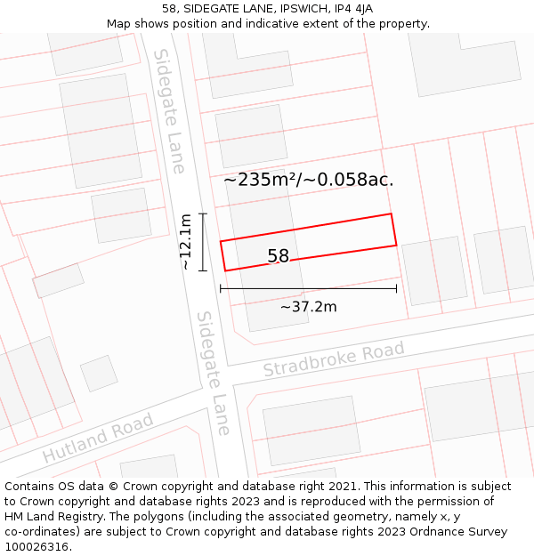 58, SIDEGATE LANE, IPSWICH, IP4 4JA: Plot and title map