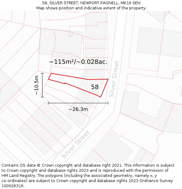 58, SILVER STREET, NEWPORT PAGNELL, MK16 0EN: Plot and title map