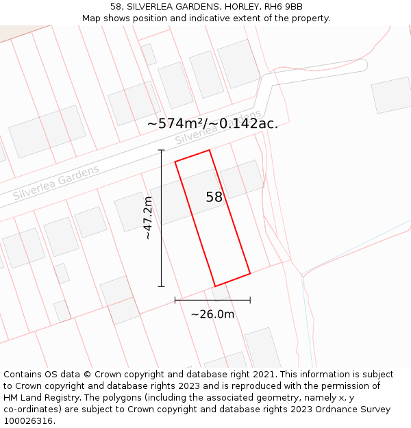 58, SILVERLEA GARDENS, HORLEY, RH6 9BB: Plot and title map