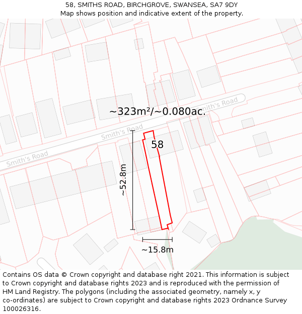 58, SMITHS ROAD, BIRCHGROVE, SWANSEA, SA7 9DY: Plot and title map