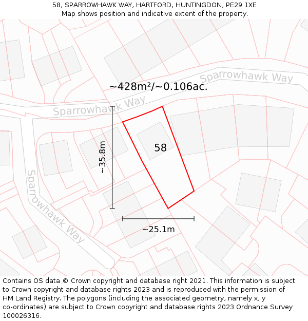 58, SPARROWHAWK WAY, HARTFORD, HUNTINGDON, PE29 1XE: Plot and title map
