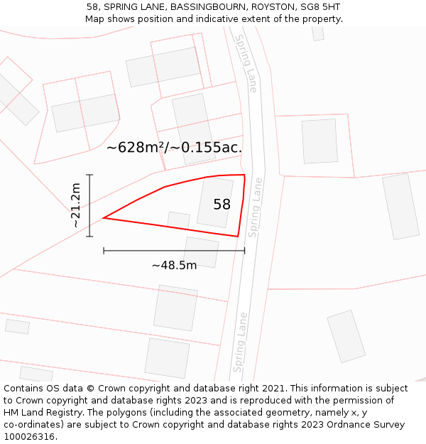 58, SPRING LANE, BASSINGBOURN, ROYSTON, SG8 5HT: Plot and title map