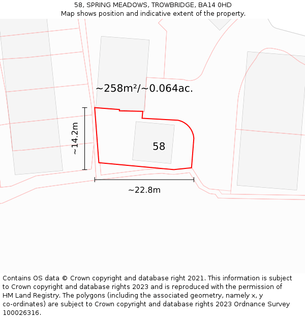 58, SPRING MEADOWS, TROWBRIDGE, BA14 0HD: Plot and title map
