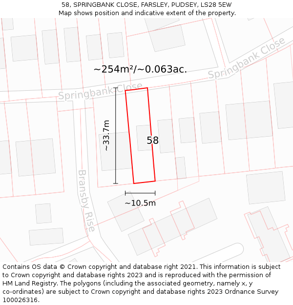 58, SPRINGBANK CLOSE, FARSLEY, PUDSEY, LS28 5EW: Plot and title map