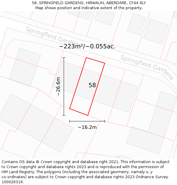 58, SPRINGFIELD GARDENS, HIRWAUN, ABERDARE, CF44 9LY: Plot and title map