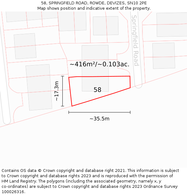 58, SPRINGFIELD ROAD, ROWDE, DEVIZES, SN10 2PE: Plot and title map