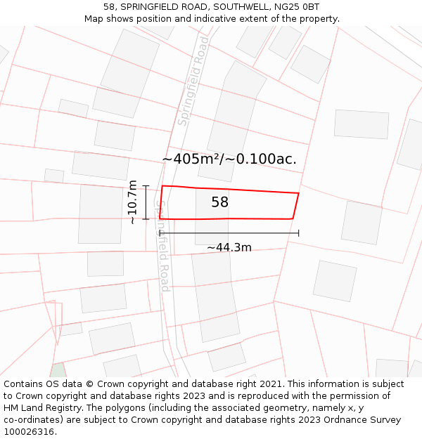 58, SPRINGFIELD ROAD, SOUTHWELL, NG25 0BT: Plot and title map
