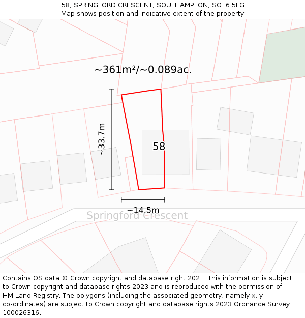 58, SPRINGFORD CRESCENT, SOUTHAMPTON, SO16 5LG: Plot and title map