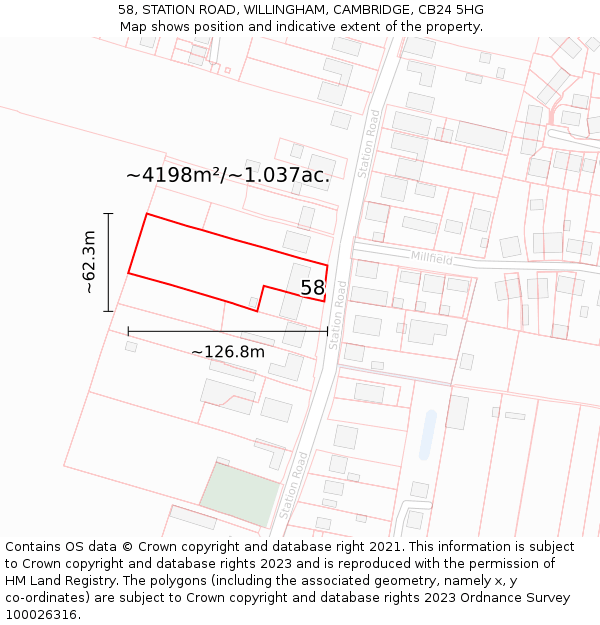 58, STATION ROAD, WILLINGHAM, CAMBRIDGE, CB24 5HG: Plot and title map