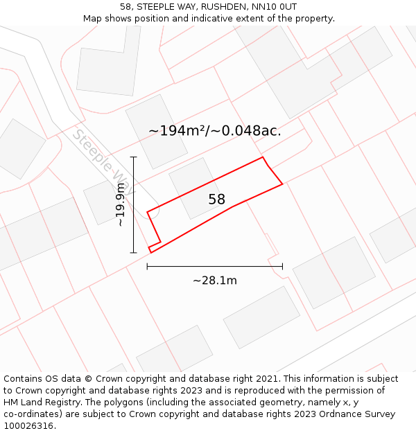 58, STEEPLE WAY, RUSHDEN, NN10 0UT: Plot and title map