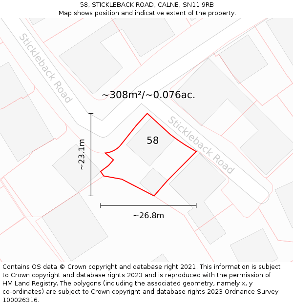 58, STICKLEBACK ROAD, CALNE, SN11 9RB: Plot and title map