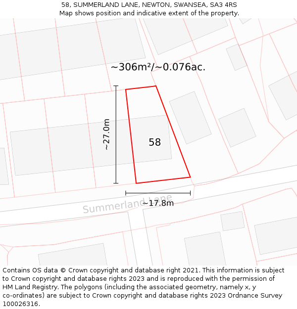 58, SUMMERLAND LANE, NEWTON, SWANSEA, SA3 4RS: Plot and title map