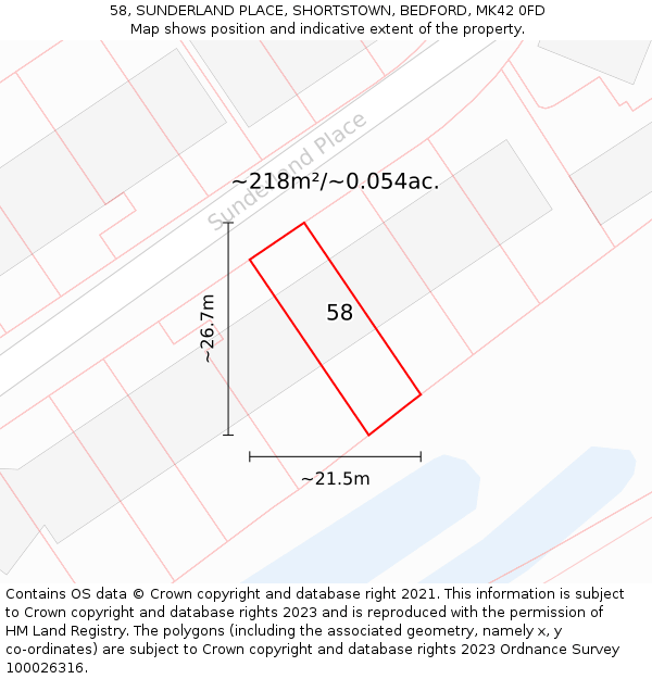 58, SUNDERLAND PLACE, SHORTSTOWN, BEDFORD, MK42 0FD: Plot and title map