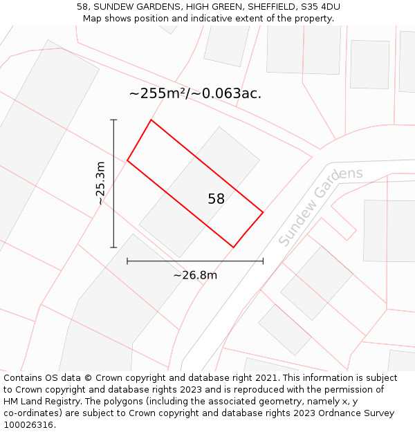 58, SUNDEW GARDENS, HIGH GREEN, SHEFFIELD, S35 4DU: Plot and title map