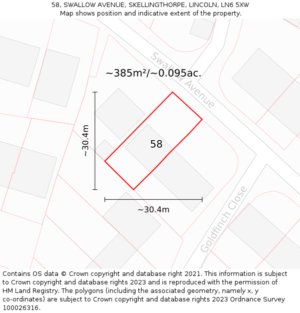 58, SWALLOW AVENUE, SKELLINGTHORPE, LINCOLN, LN6 5XW: Plot and title map
