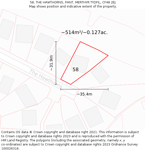 58, THE HAWTHORNS, PANT, MERTHYR TYDFIL, CF48 2EJ: Plot and title map