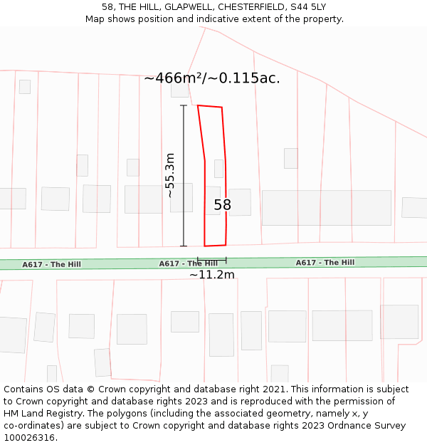 58, THE HILL, GLAPWELL, CHESTERFIELD, S44 5LY: Plot and title map
