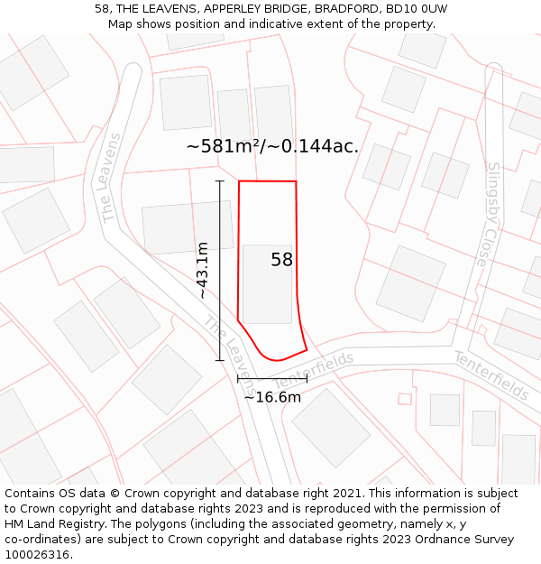 58, THE LEAVENS, APPERLEY BRIDGE, BRADFORD, BD10 0UW: Plot and title map