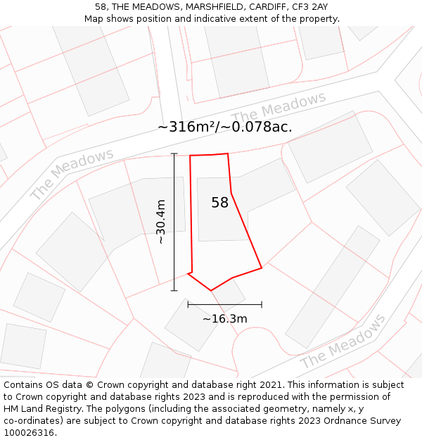 58, THE MEADOWS, MARSHFIELD, CARDIFF, CF3 2AY: Plot and title map