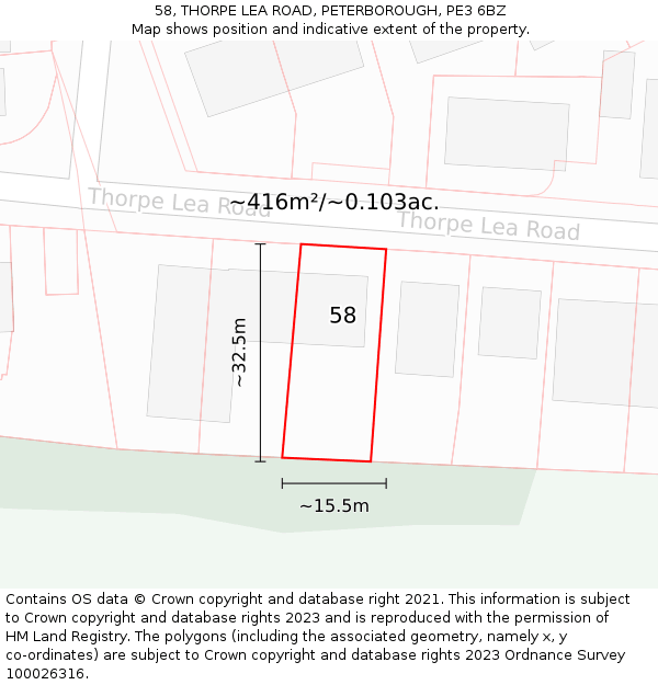 58, THORPE LEA ROAD, PETERBOROUGH, PE3 6BZ: Plot and title map