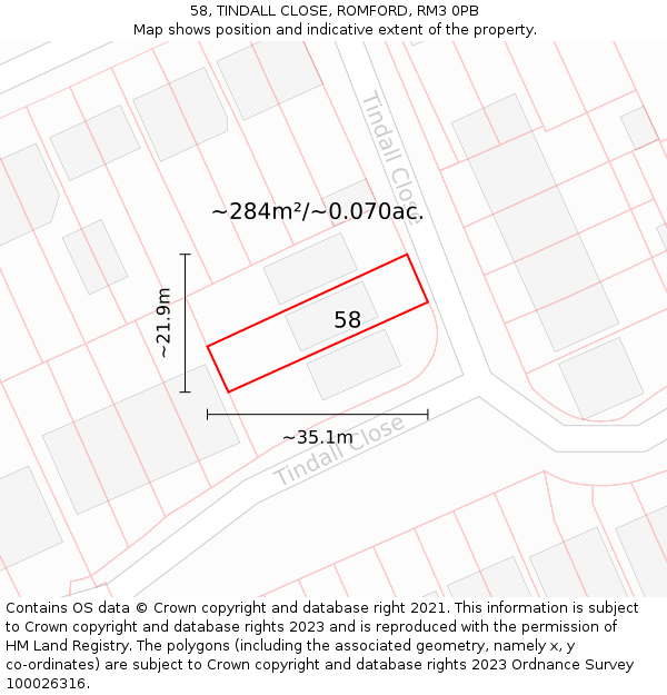 58, TINDALL CLOSE, ROMFORD, RM3 0PB: Plot and title map
