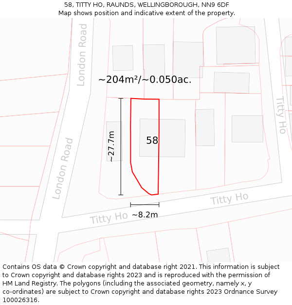 58, TITTY HO, RAUNDS, WELLINGBOROUGH, NN9 6DF: Plot and title map