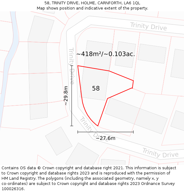 58, TRINITY DRIVE, HOLME, CARNFORTH, LA6 1QL: Plot and title map